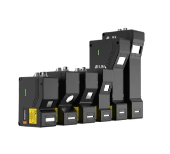 Enam unit 3D laser line profile sensor iRayple berbodi hitam dengan berbagai ukuran, disusun berjajar memperlihatkan jendela optik dan konektor di bagian atas tiap unit.