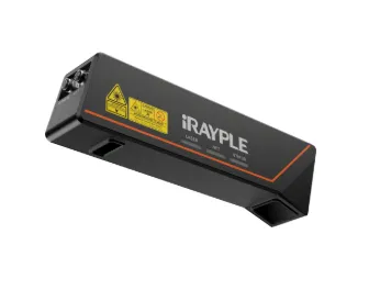 iRayple 3D stereo camera berbodi hitam memanjang dengan label peringatan laser dan garis oranye di sekeliling bodinya, konektor di salah satu ujung.
