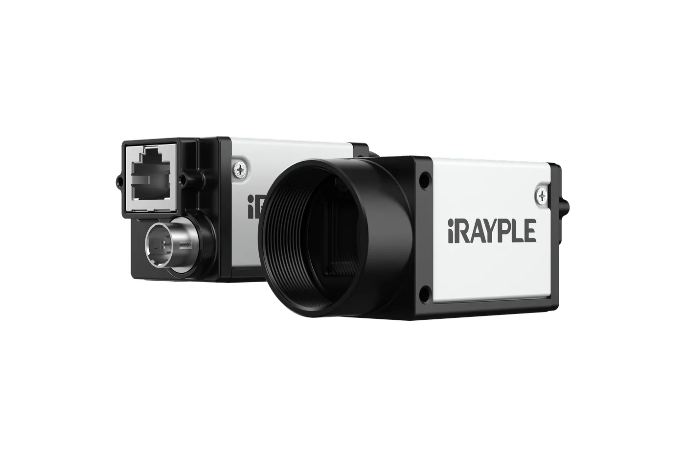 Kamera industri area scan iRayple dengan bodi aluminium putih dan hitam, dudukan lensa C-mount di bagian depan, port Ethernet RJ45 dan konektor daya di bagian belakang.