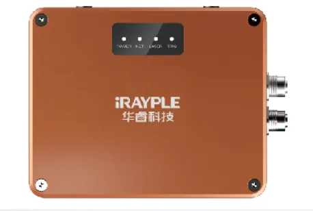 iRayple binocular structured-light 3D camera berbodi oranye kotak dengan empat indikator status (POWER, PICT, LASER, TRIG) di bagian atas dan dua konektor M12 di sisi kanan.