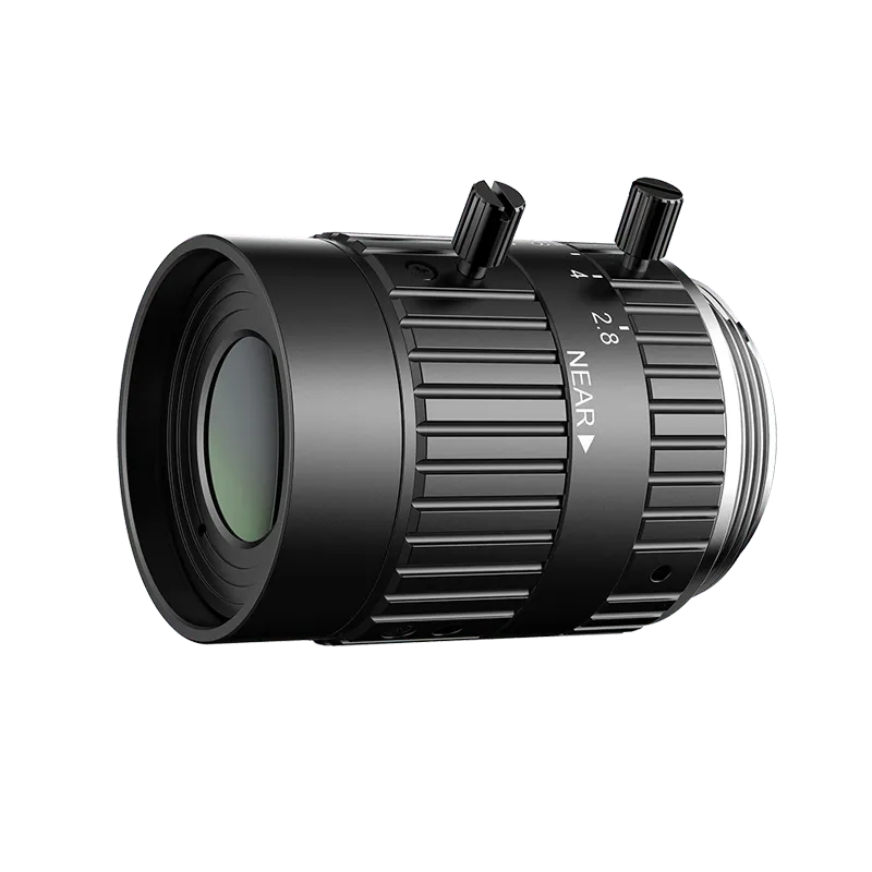 Lensa machine vision iRayple berbodi hitam dengan dua sekrup pengunci, cincin pengatur fokus dan diafragma bertanda skala 2.8 dan 4.