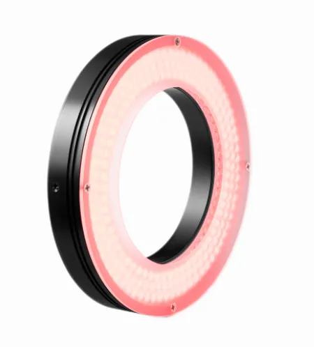 Ring light iRayple berbentuk cincin dengan LED merah mengelilingi bodi hitam.