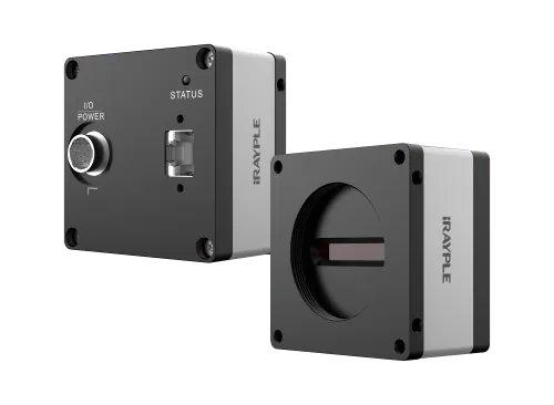 Dua unit kamera line scan iRayple berbodi hitam, satu tampak belakang dengan konektor daya I/O dan indikator status, satu tampak depan memperlihatkan sensor baris memanjang di balik dudukan lensa.
