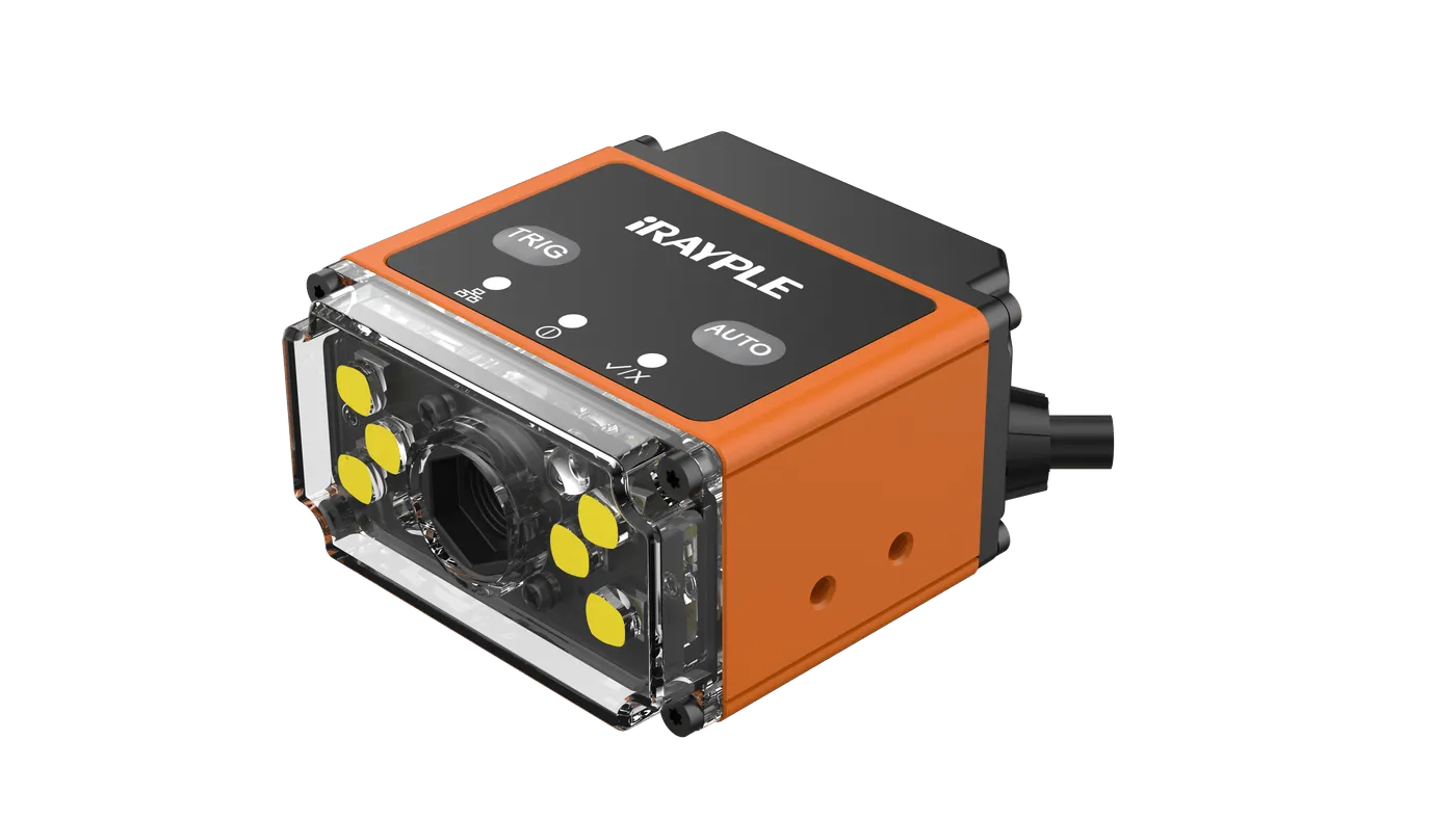 iRayple R3000 industrial barcode reader berbodi oranye dan hitam, dengan tombol TRIG dan AUTO di sisi atas serta enam lampu LED kuning mengelilingi lensa di balik penutup bening.