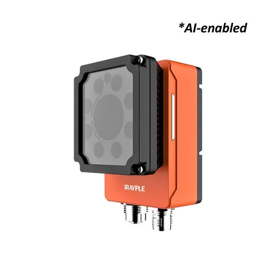 iRayple R5000 industrial barcode reader berbodi oranye dengan panel pencahayaan LED bundar di bagian depan dan dua konektor M12 berulir di bagian bawah.