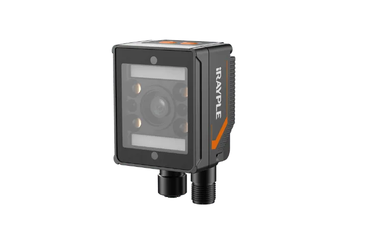 iRayple SS4000 smart camera berbodi hitam dengan aksen oranye, enam lampu LED dan dua panel pencahayaan mengelilingi lensa, serta dua konektor berulir di bagian bawah.