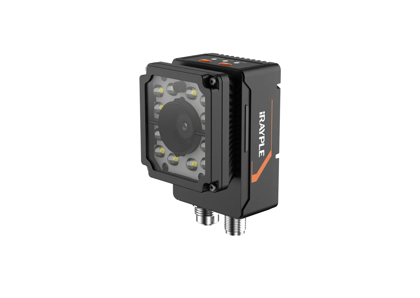 iRayple SS5000 smart camera berbodi hitam dengan aksen oranye, dua belas lampu LED mengelilingi lensa di bagian depan, tombol dan indikator status di sisi atas, serta dua konektor M12 di bagian bawah.