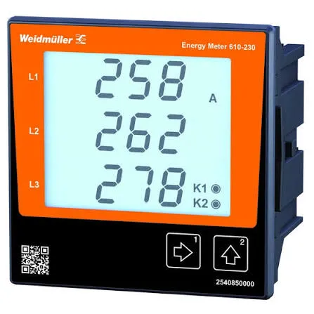 Weidmüller Energy Meter 610-230 tampak depan, layar LCD menampilkan arus tiga fasa L1 258 A, L2 262 A, dan L3 278 A, dengan dua tombol navigasi di bawah layar.