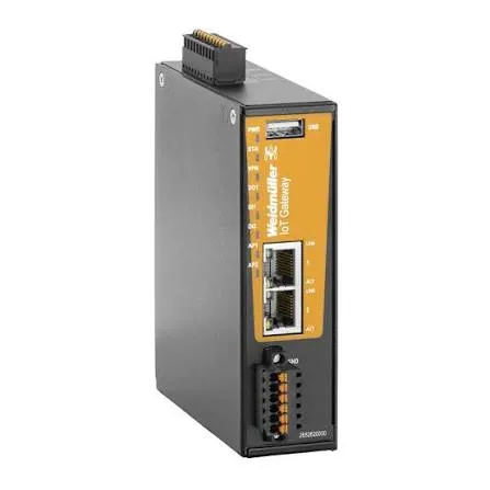 Weidmüller IoT Gateway berwarna oranye-hitam untuk pemasangan rel DIN, dilengkapi port USB, dua port Ethernet RJ45, dan terminal sekrup di bagian bawah.