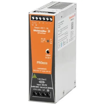 Weidmüller PRO ECO 130W 24V 5A catu daya rel DIN berbodi oranye, dengan terminal masukan tiga fasa 400–500V di bawah dan pengatur tegangan keluaran 23–28V.