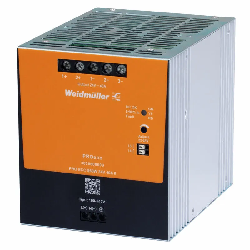 Weidmüller PRO ECO 960W 24V 40A catu daya industri dengan bodi oranye dan sirip pendingin aluminium, terminal keluaran 24V di bagian atas dan potensiometer pengatur tegangan 22–28V.