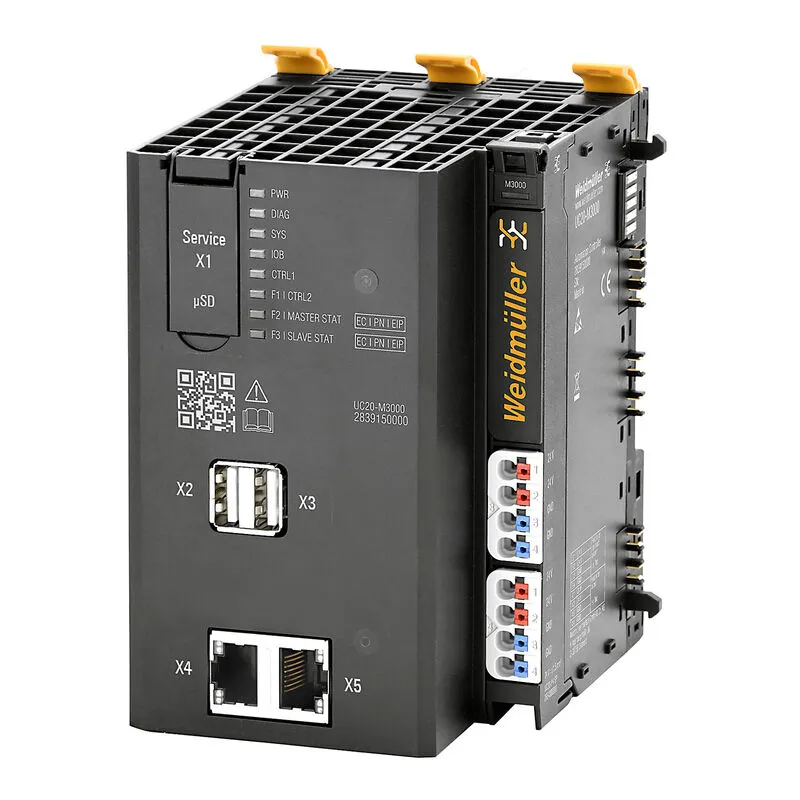 Weidmüller u-control UC20-M3000 automation controller untuk rel DIN, dengan indikator status PWR, DIAG, SYS, dua port USB, dua port Ethernet RJ45, slot kartu microSD, dan modul catu daya oranye di sisi kanan.